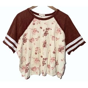 Festi Floral Raglan Swing Tee Burgundy Red Cream Cottagecore Prairie Boho 2X Top